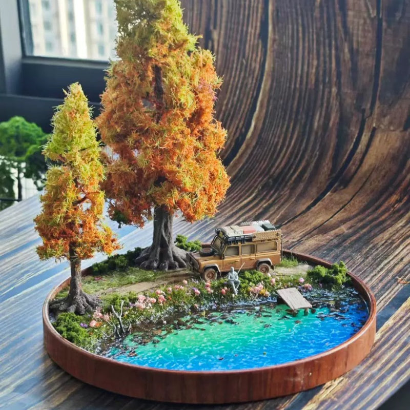 1:64 Scale Fishing Scene Diorama, Autumn Big Tree Version, Car Model Not Included, Figures Included