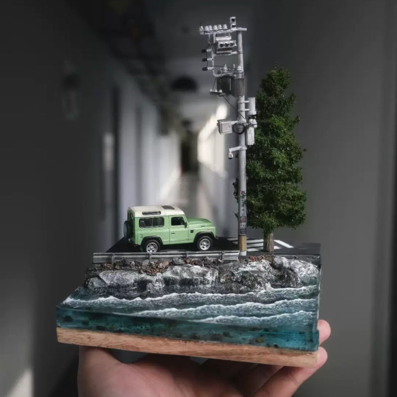 1:64 Scale Seaside View Diorama, Size 15×15cm, Height 18cm, Car Model Not Included