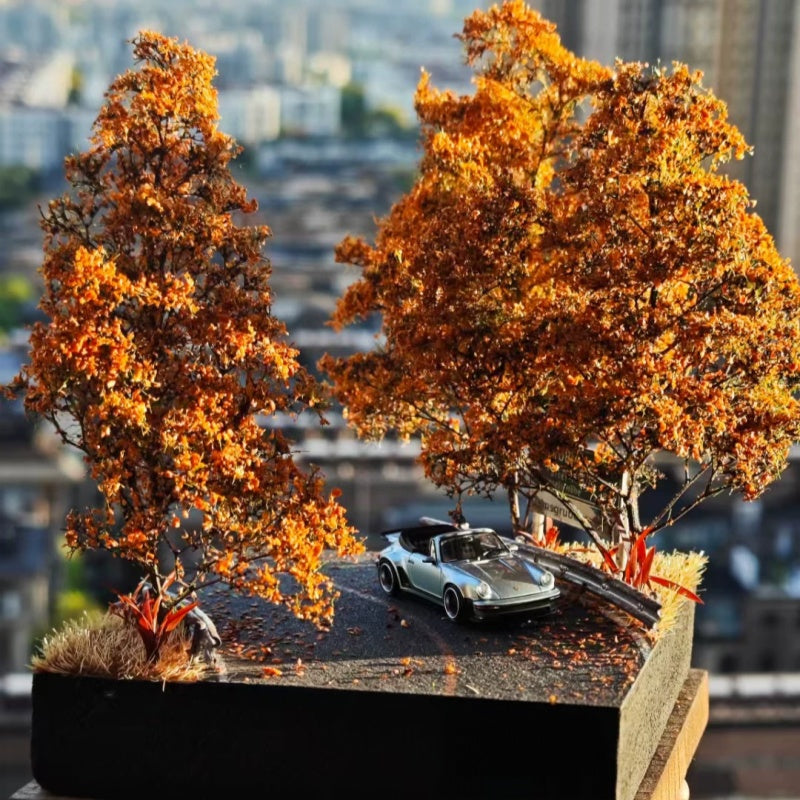 1/64 Scale Car Diorama, Autumn Curve Road with Three Trees, Car Not Included, 15×15cm, No Dust Cover